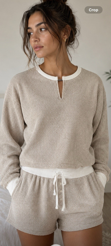 Aerie Women's Beige Knit Lounge Set S Sweater Long Sleeve Shorts White Trim