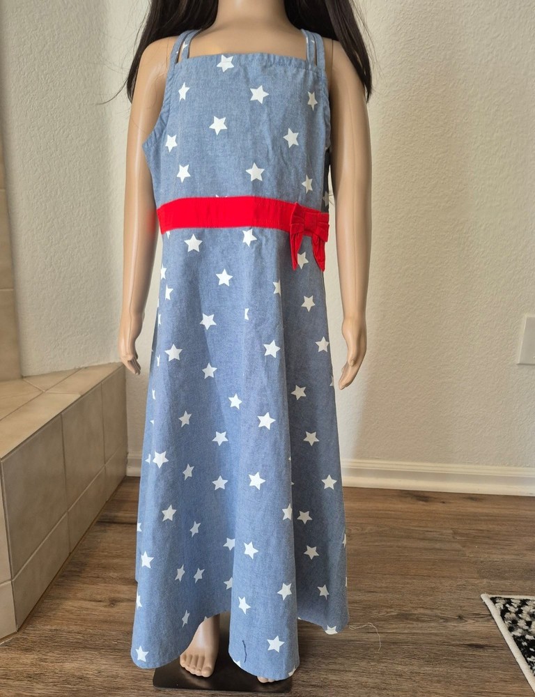 Gymboree Girls Sundress Long Blue White Red Stars Strappy Sleeveless Bow Size 10