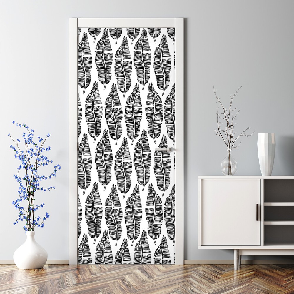 Bubble Free Door sticker Tropical and exotic palm leaves Black and white Elegant