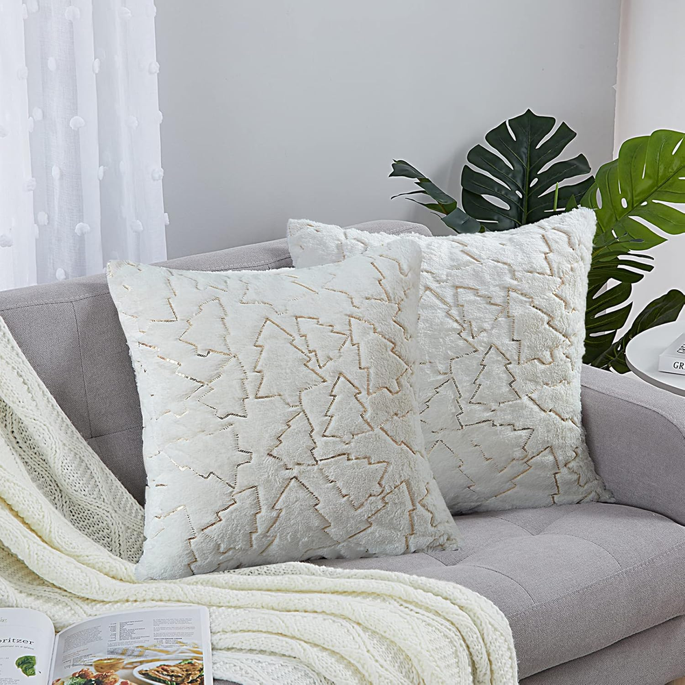 Cream Christmas Tree Winter Sequin Faux Fur Accent Velvet Throw Pillow Covers 18-image