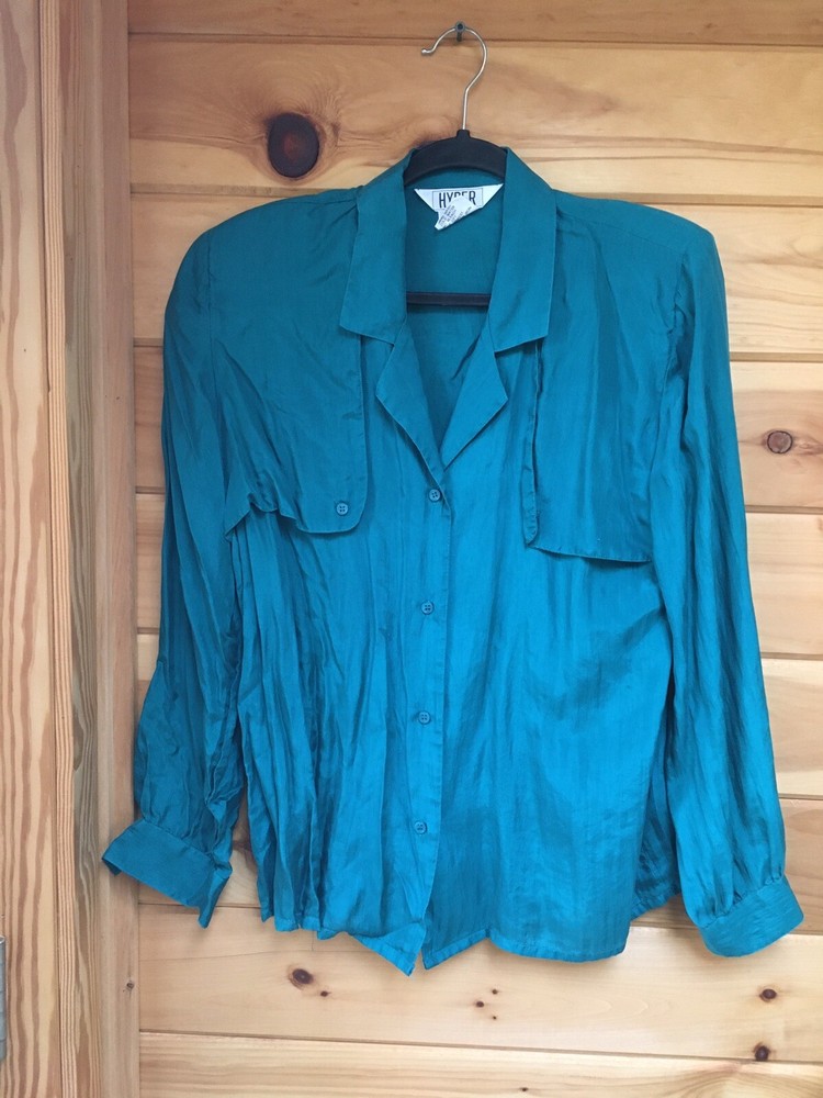 vintage 90s blouse 100% Silk Dark Teal Blouse Shoulder Pads Hyper Size Medium