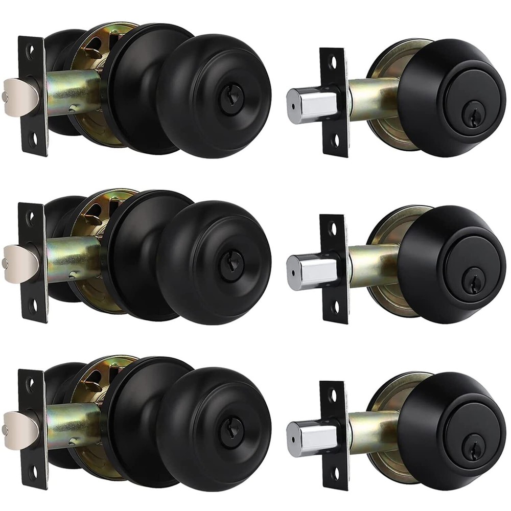 3 Pack Keyed Alike Entry Door Knobs and Single Cylinder Deadbolt Lock Combo S...