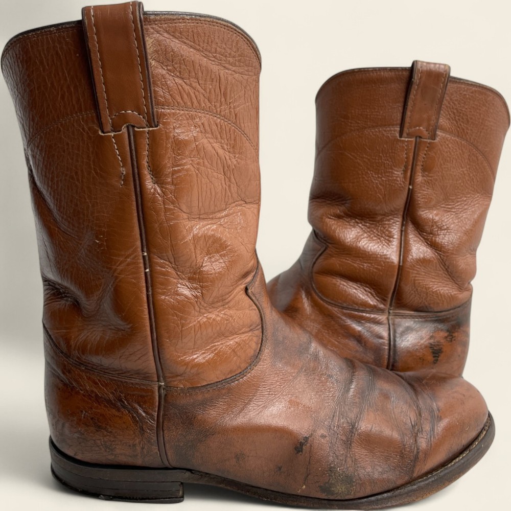Vintage Justin Roper Brown Leather Western Cowboy Boots for Men Size 9 EEE Wide Biker Style