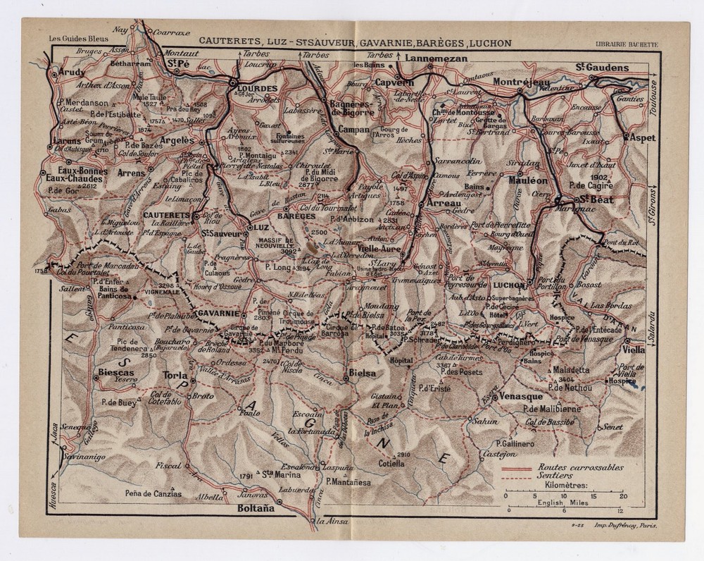 1926 Original Vintage Map Of Vicinity Of Lourdes Luchon Pyrenees France Spain