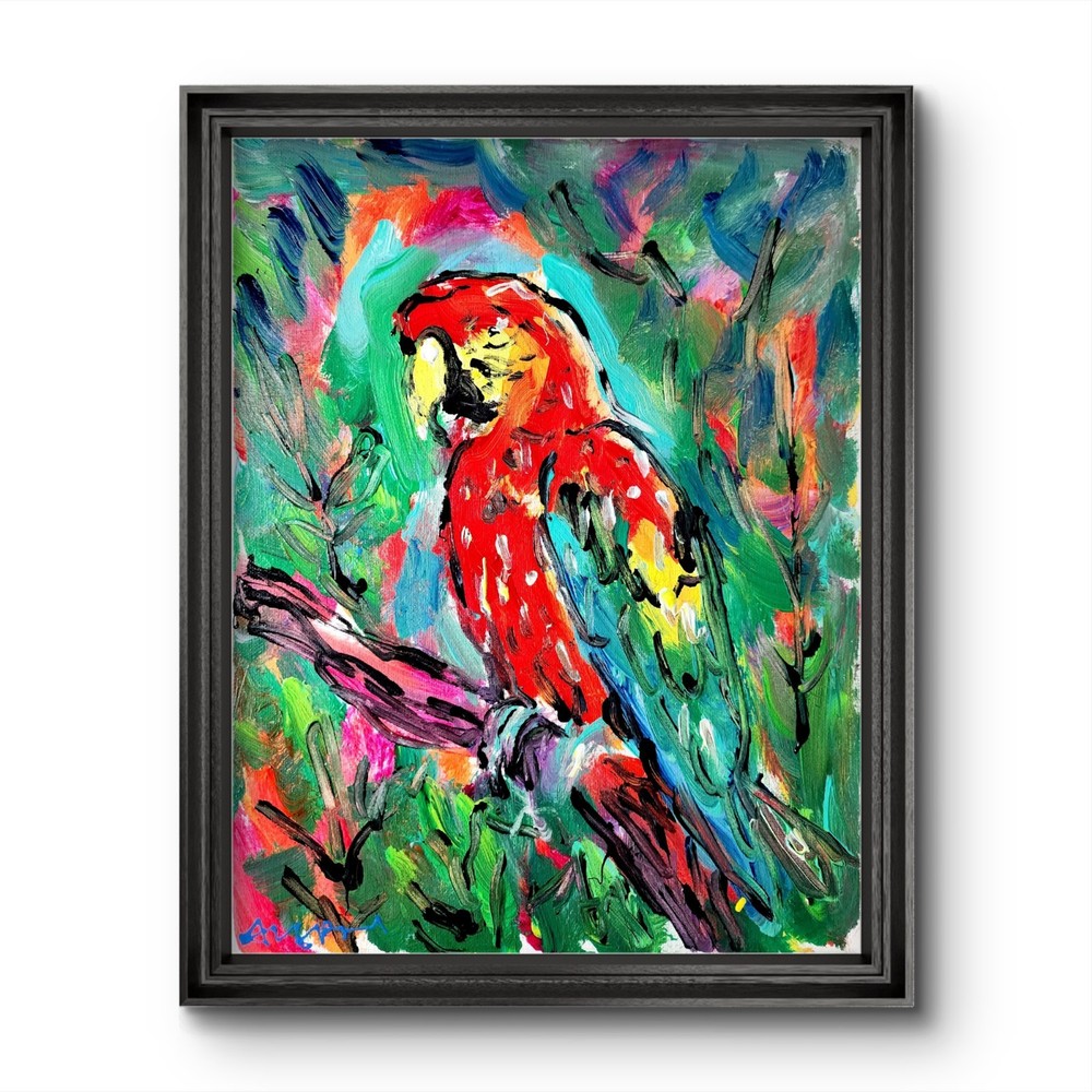 Aleph Original Art Parrot 14x11 Abstract Neo Expressionist Decor Painting Canvas