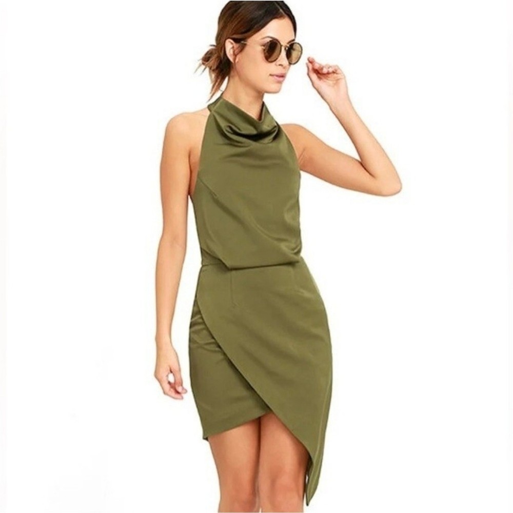 NWT Elliatt Camo Assynetric Halter Neck Dress  In Khaki
