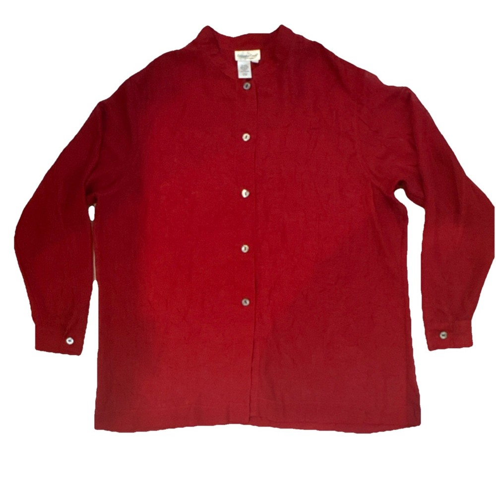 Coldwater Creek Womens 1X Red Button-Up Long Sleeve Knit Blouse Polyester Rayon