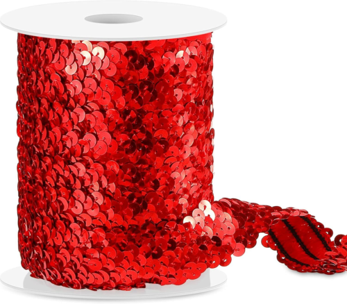 Chuangdi 11 Yard Red 1 Inch Elastic Sequins Trim with 3 Rows of Flat Glitter Sequin for Crafting and Costume Design