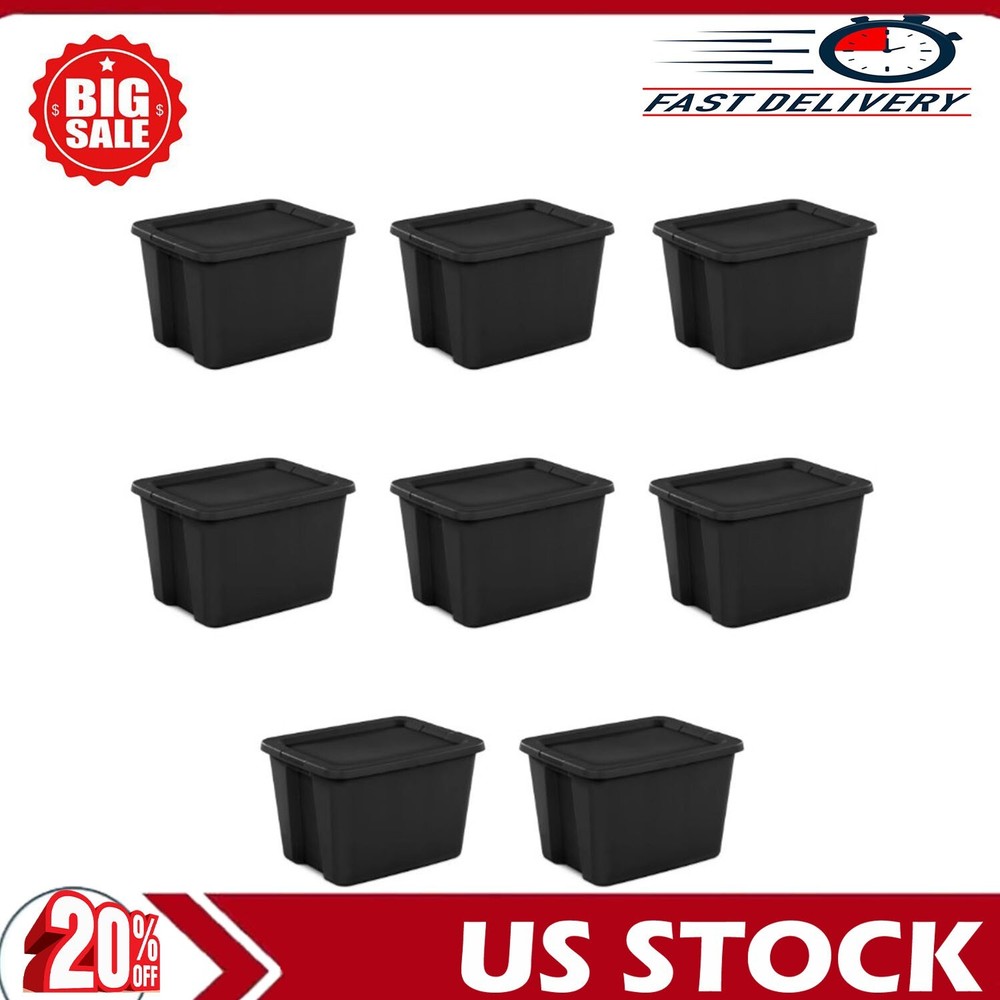 Sterilite 18-Gallon Black Plastic Storage Tote Box Set of 8 23x18x15 Inches