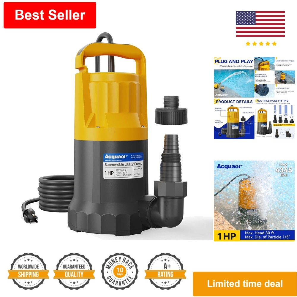 1HP Submersible Sump Pump for Hot Tubs Pools Basements 4345GPH Water Removal