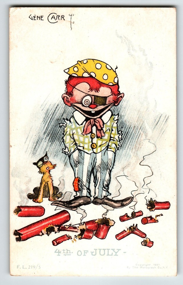 4th Of July Postcard  Boy With Eye Patch Cat Fireworks Gene Carr 1907 Rotograph