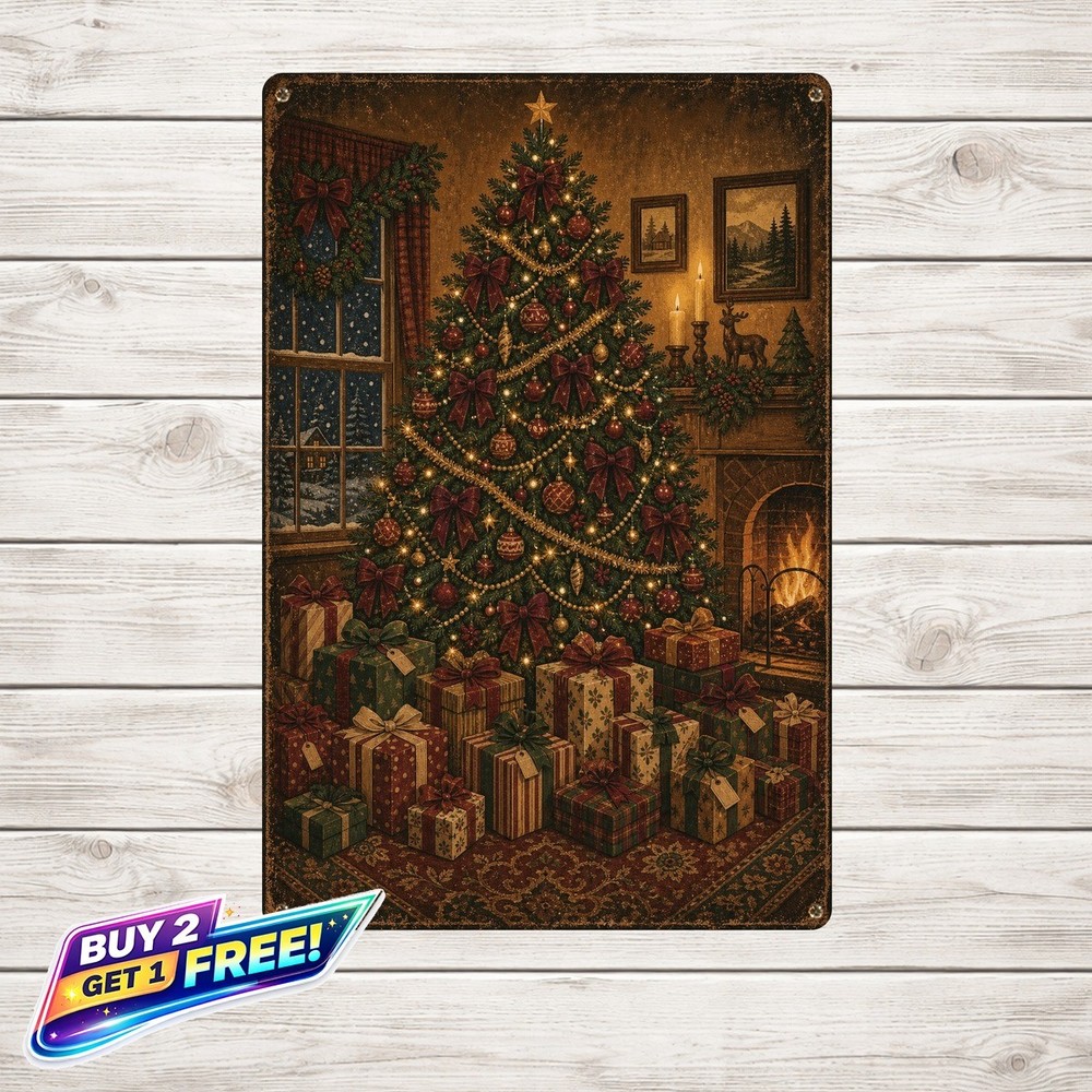 Ornate Decorated Tree Christmas Living Room Scene Metal Tin Sign