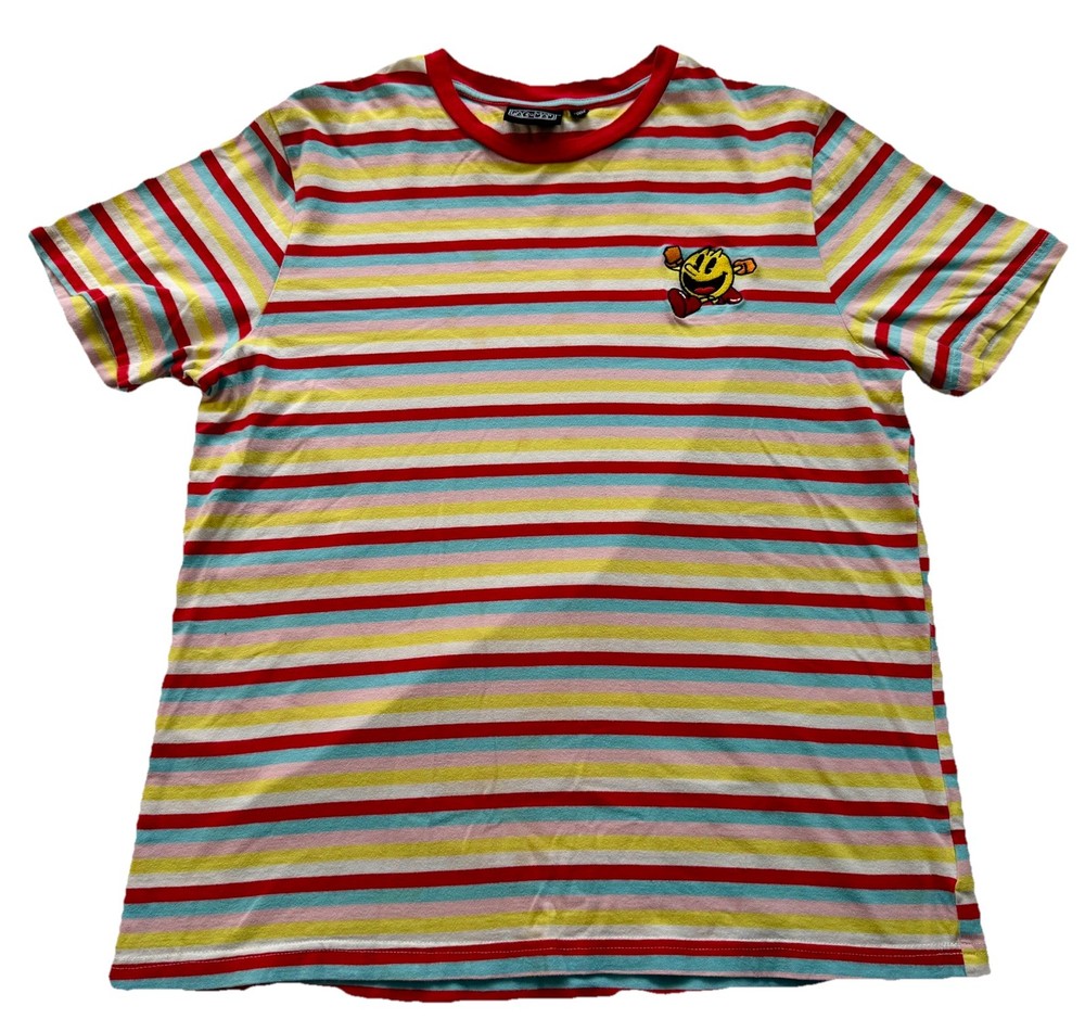 Pac Man Striped Multicolor T Shirt Mens Size Large Short Sleeve
