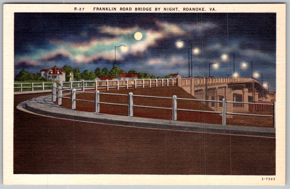Vtg Linen Postcard Franklin Road Bridge Night Roanoke, VA 1930s
