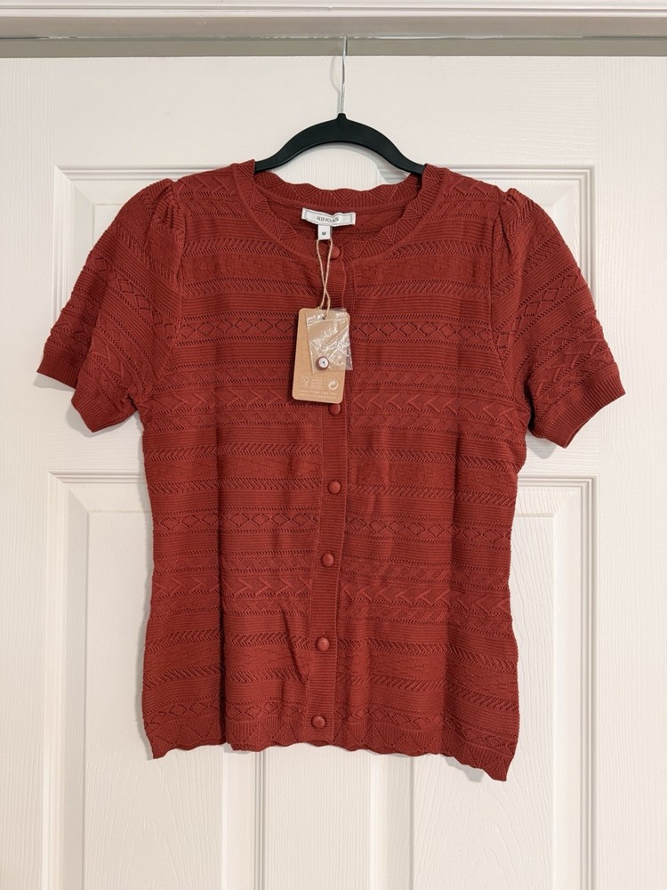 RIHOAS Red Short-Sleeve Button-Front Knit Top Women Size M NWT
