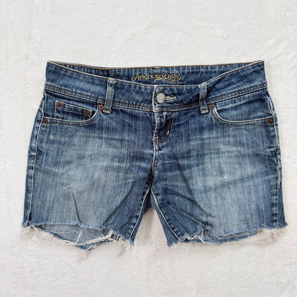 American Eagle Denim Shorts Womens 4 Blue Cut-off Raw Hem Low Rise Medium Wash