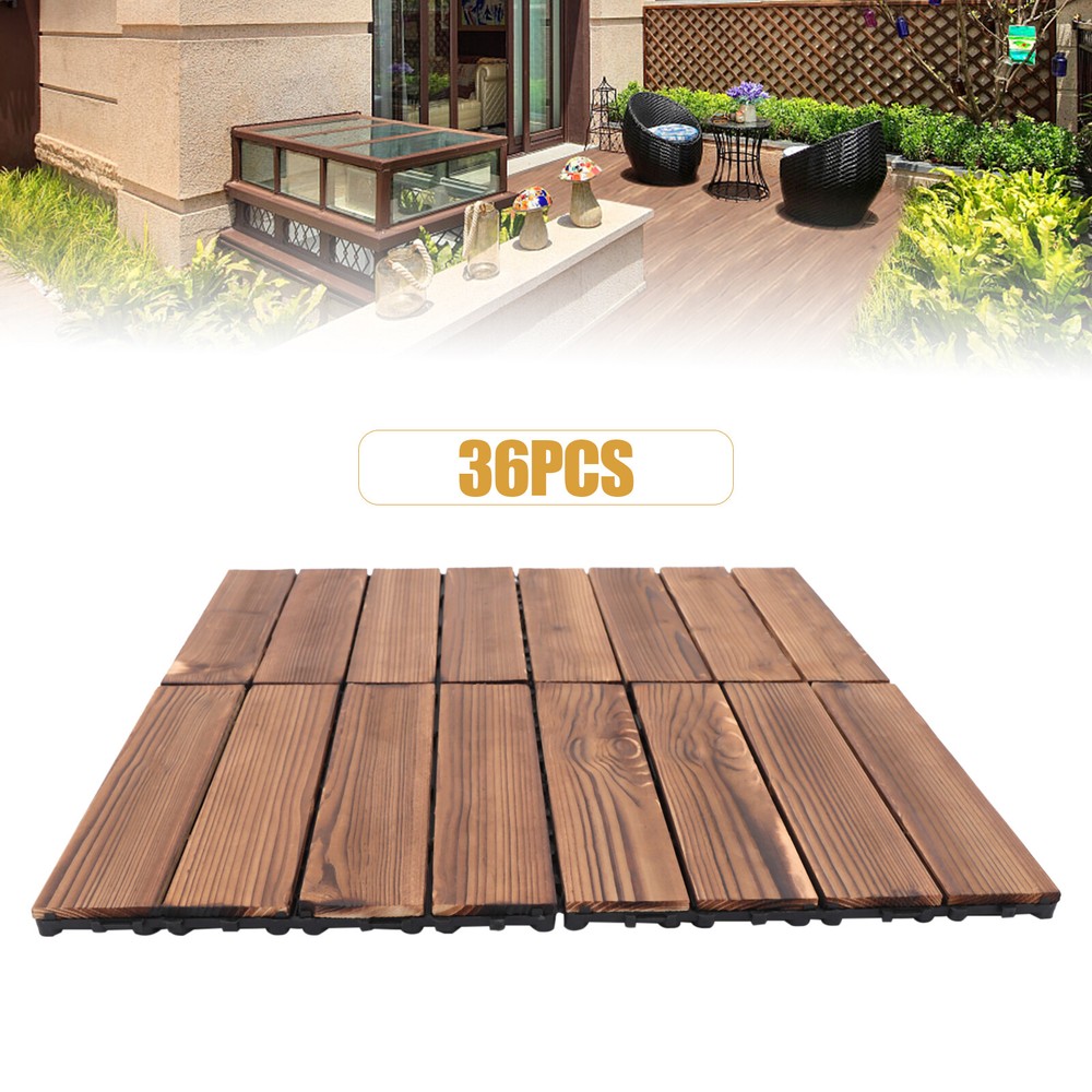 36Pcs 12''x12'' Hardwood Interlocking Patio Deck Tiles Wood Flooring DIY Outdoor