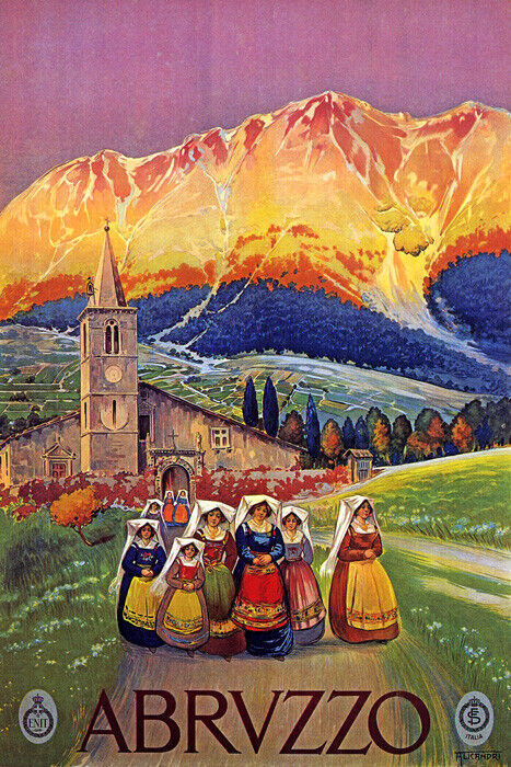 Italy Abruzzo Mountains Church Travel Tourism Italian Vintage Poster Repro-image