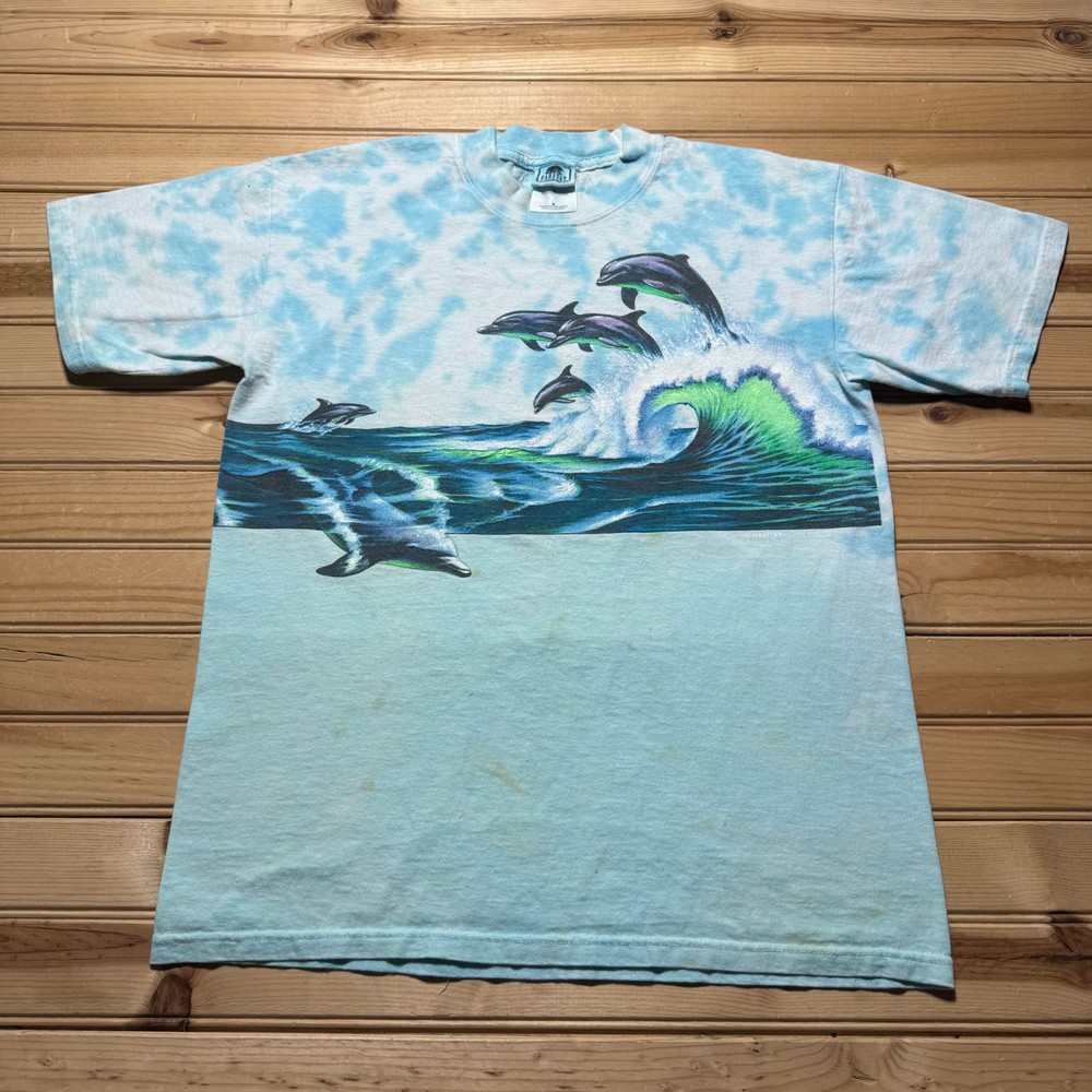 Vintage 90s Dolphin Wave Ocean Double Sided Graphic Tie Dye T-Shirt Size Medium