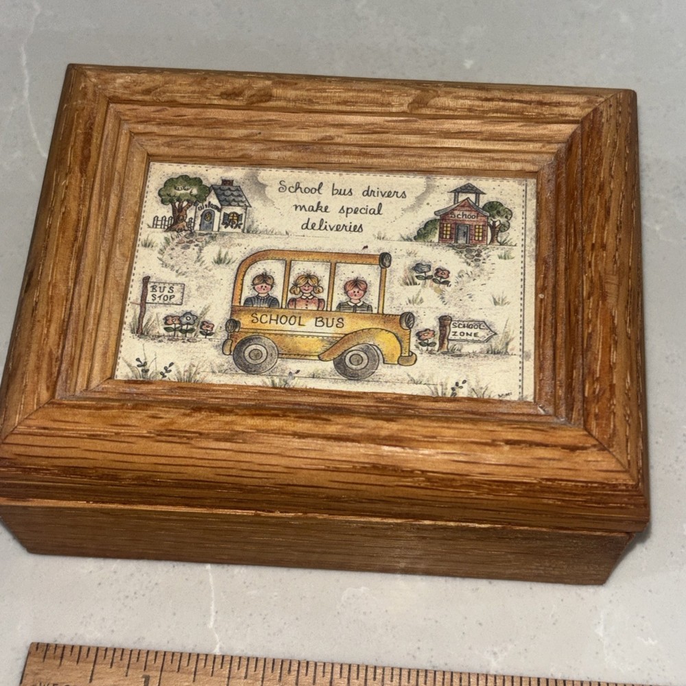 Vintage Solid Oak Wooden Hinged Lid Trinket Treasure Box School, Bus Driver