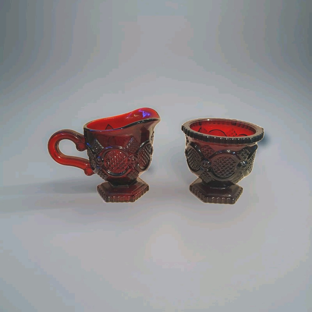 Vintage Avon 1876 Cape Cod Collection Cranberry Red Glass Sugar Dish & Creamer