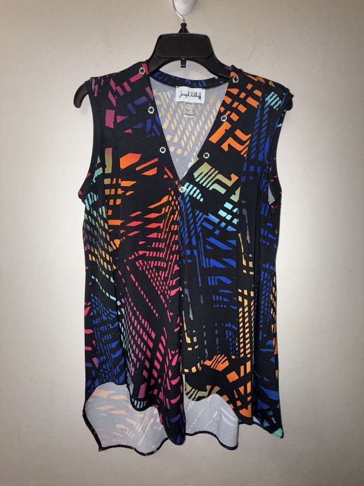 Joseph Ribkoff Women's Graphic Print V-Neck Asymmetrical Sleeveless Tunic Top