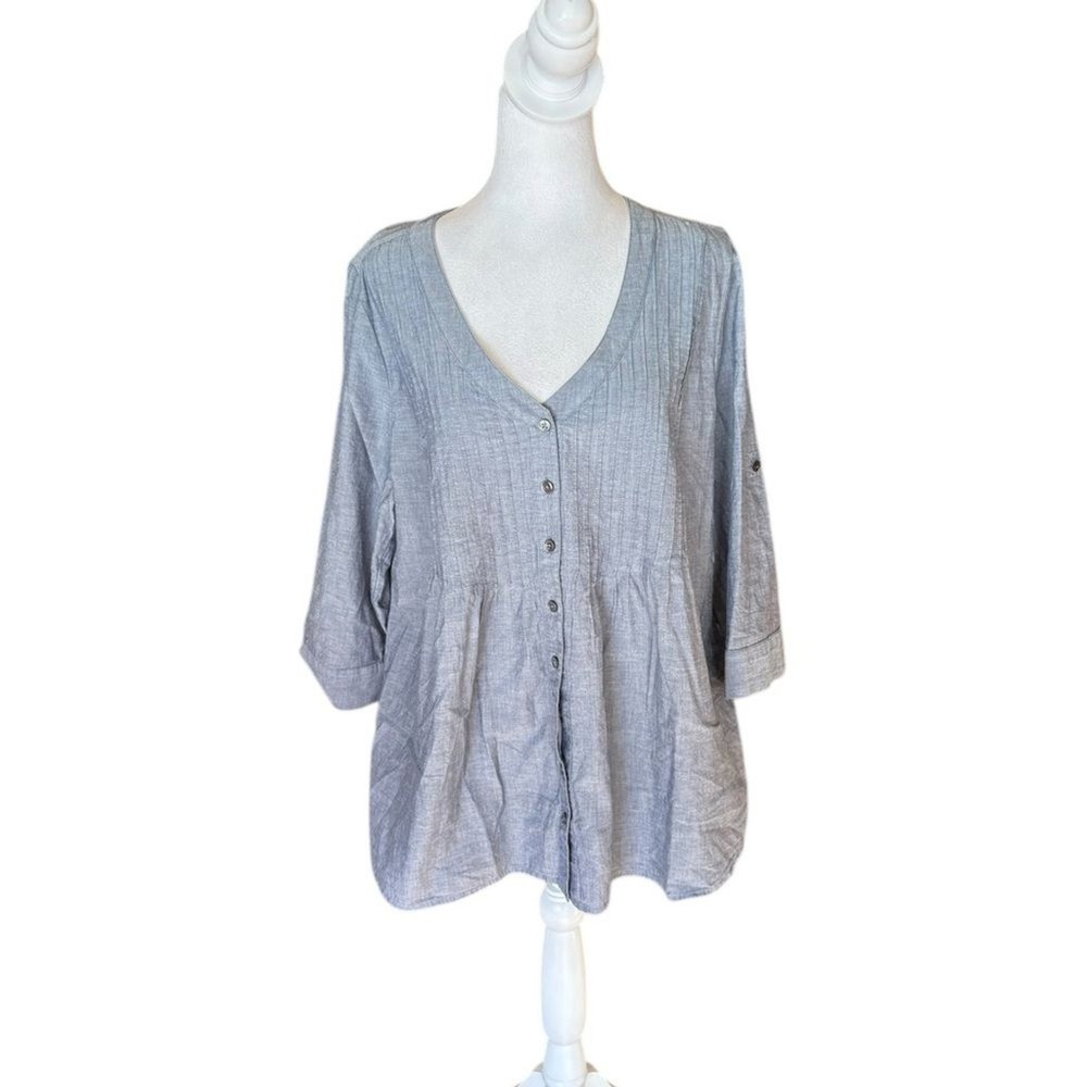 J Jill Chambray Pleated V Neck Button Front Blouse Roll Tab Womens Large Petite