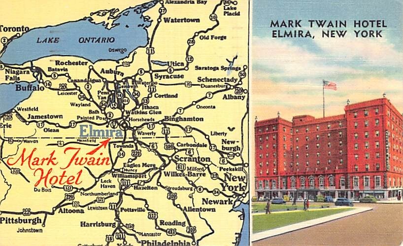 Postcard NY: Mark Twain Hotel, Elmire, New York, Map, Vintage Linen Posted 1950