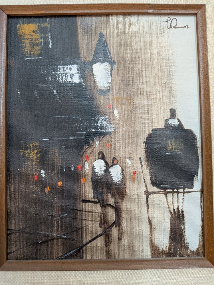L. Ren Mid Century Modern Impressionist Street Scene Oil Painting Framed, Good