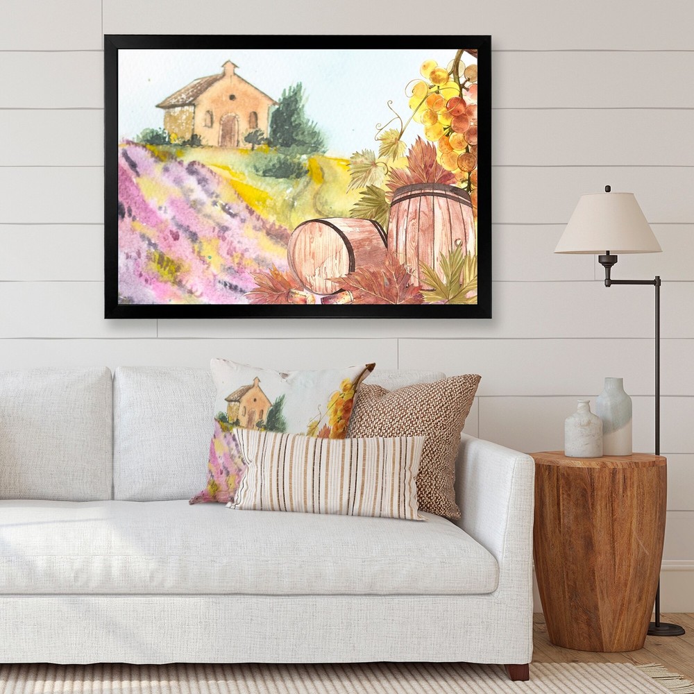 Wooden Barrels and Grape Leaves Country Framed Art Print by Designart