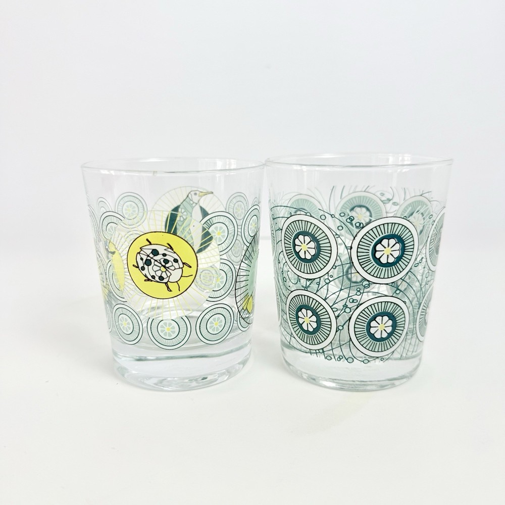 VTG IKEA Busig Psychedelic Penguin, Magic Mushroom Flower Low Glasses Set of 2