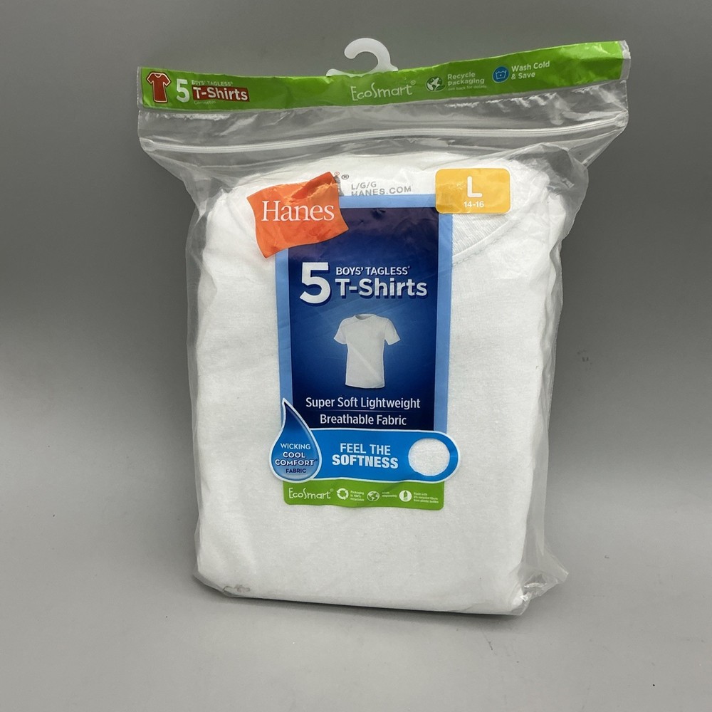Hanes Boys 5 Pack White Tagless Short Sleeve T-Shirts Size L 14-16 Brand New