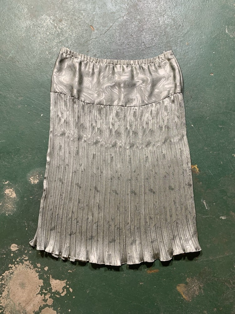 Silver Green Pleated Satin Knee Length Skirt Elastic Waist Abstract Pattern