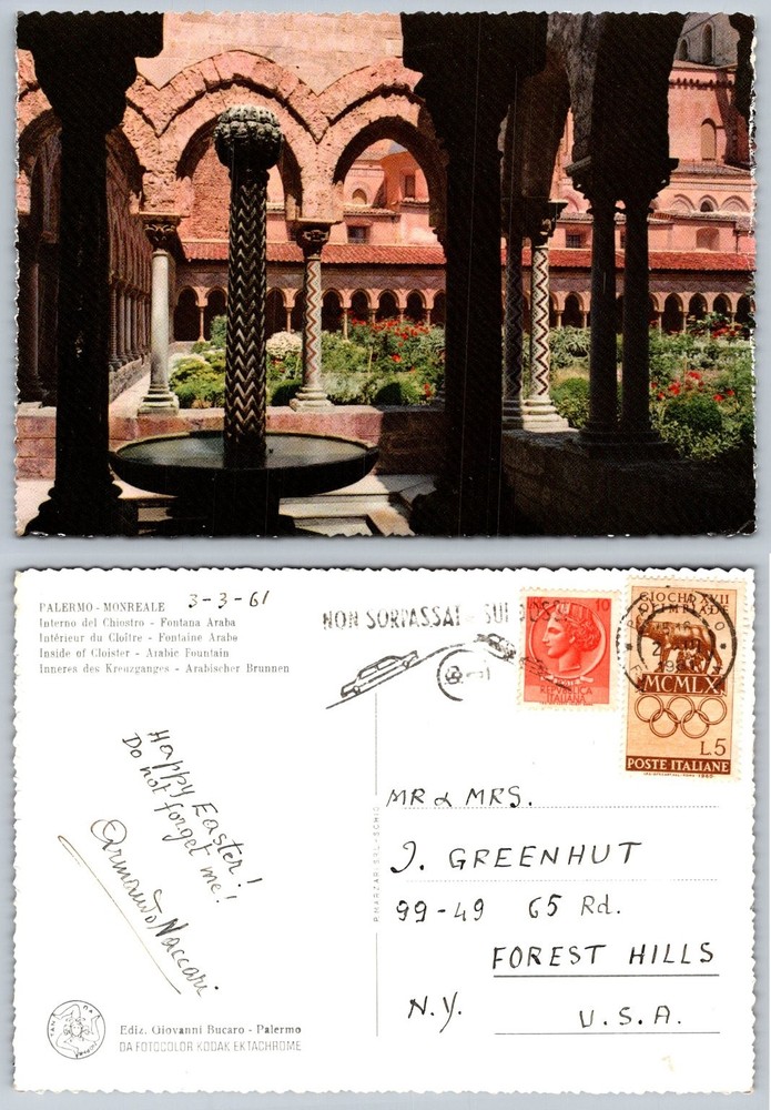 Monreale Cathedral Cloister Palermo Sicily Arabic Fountain Postcard 1961