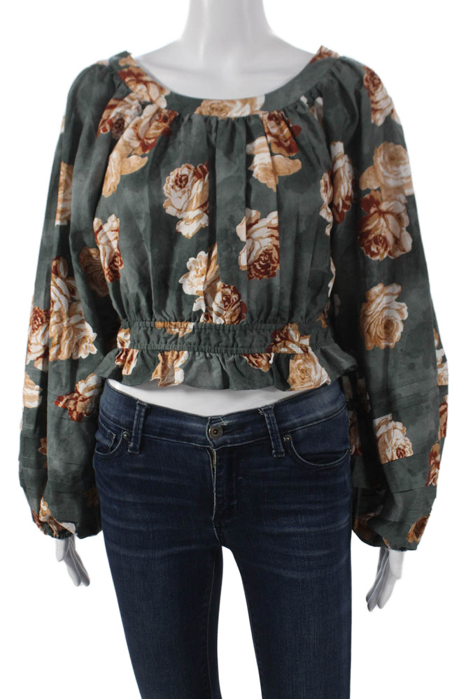 The Westside Women Cropped Silk Floral Blouse Scoop Neck Long Sleeve Size XSFree Shipping in US $100+ Orders | $6.95 Orders Below