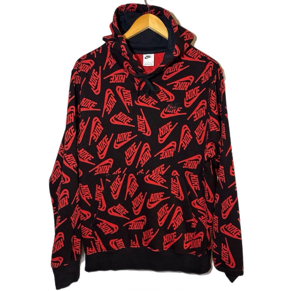 Nike Men's Size S Long Sleeve Pullover Hoodie Pockets Swoosh All Over Print Logo