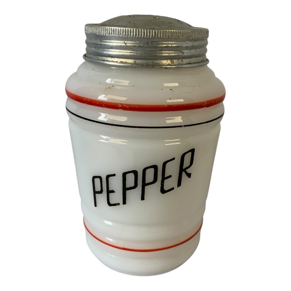 Retro Red and Black Ring Milk Glass Pepper Shaker – Vintage Kitchen Decor  