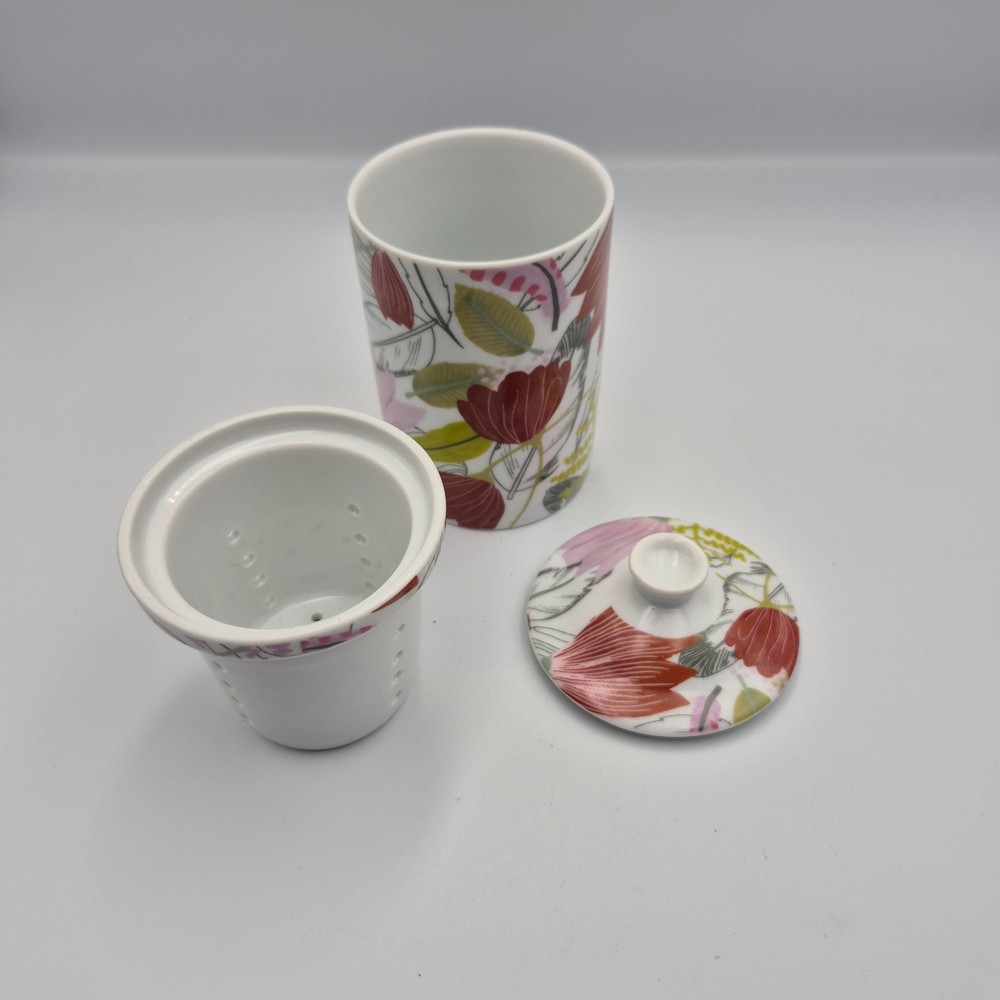 World Market Tea Mug With Infuser Lid Green Blue Floral