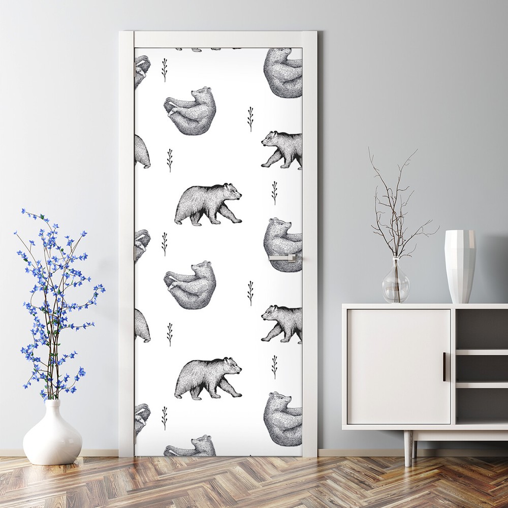 Yoga bears Bubble Free grizlee animal Door Decal black and white self adhesive