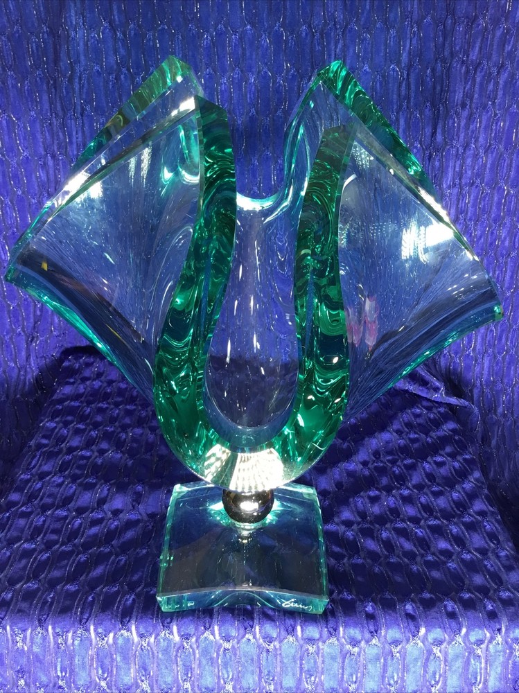 Tony Evans Mid Century Modern Signed Art Glass Abstract Pedestal Bowl-image