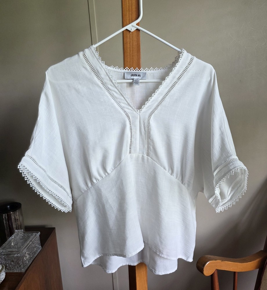 Jason Wu Women's White Solid Woven V-Neck Short Sleeve Pullover Lace Blouse L/G