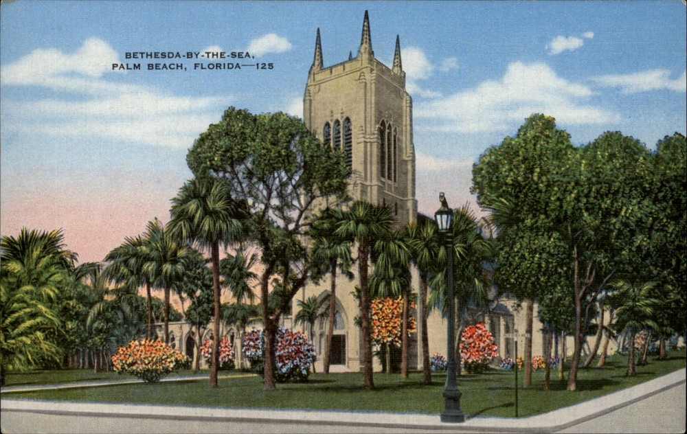 Palm Beach Florida Bethesda by the Sea Episcopal church ~ 1940s linen postcard
