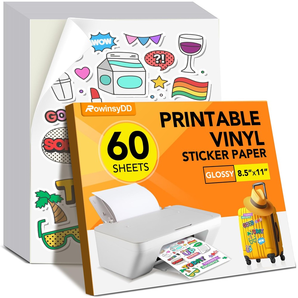 60 PCS Sticker Paper for Inkjet Printer，Printable Vinyl Sticker Paper Dries Q...