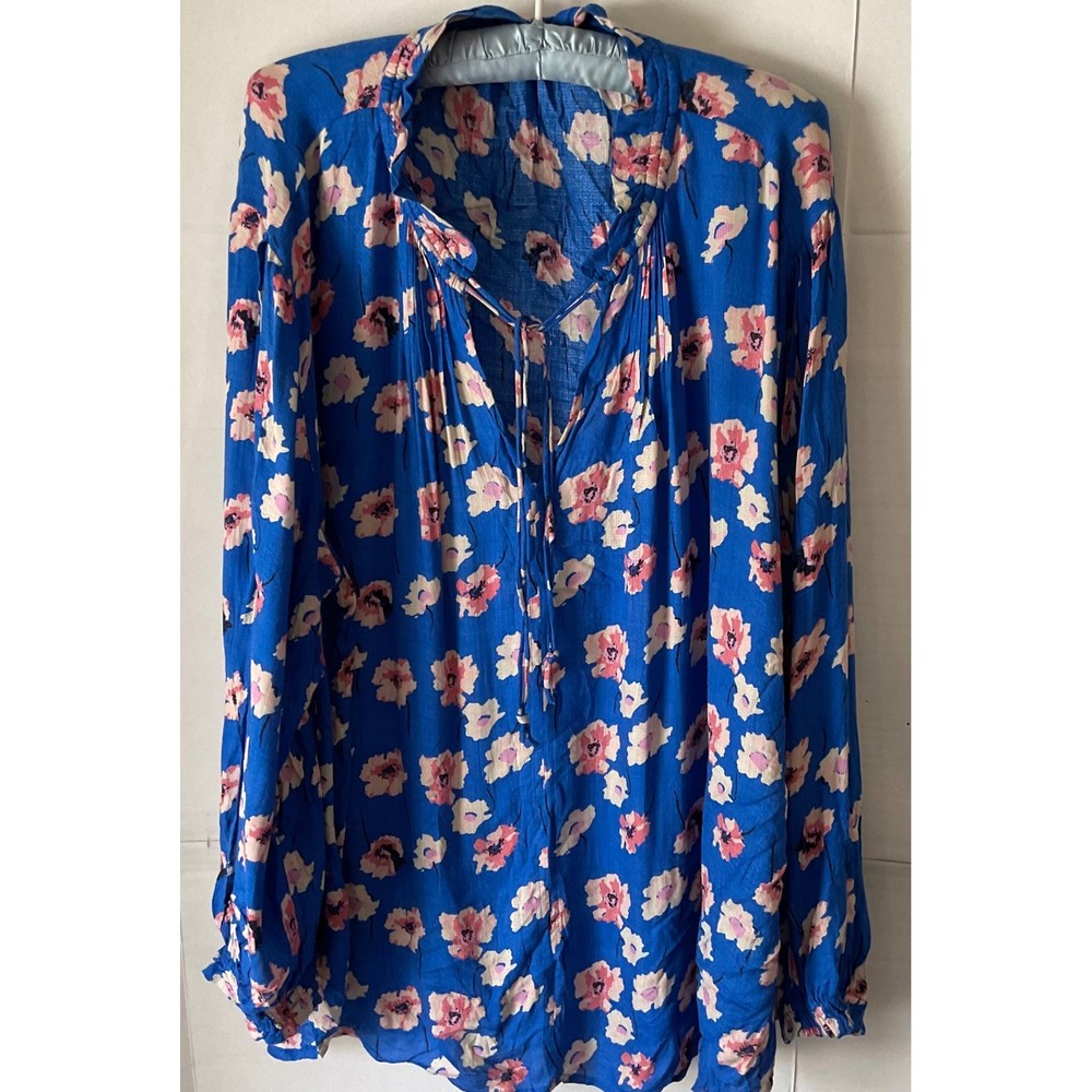 Lucky Brand Womens 3X Blue Pink Floral Viscose Long Sleeve Boho Peasant Top