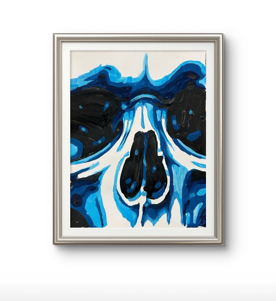 Original Abstract Blue Skull Painting 14x11 paper Modern Wall Art Home Decor