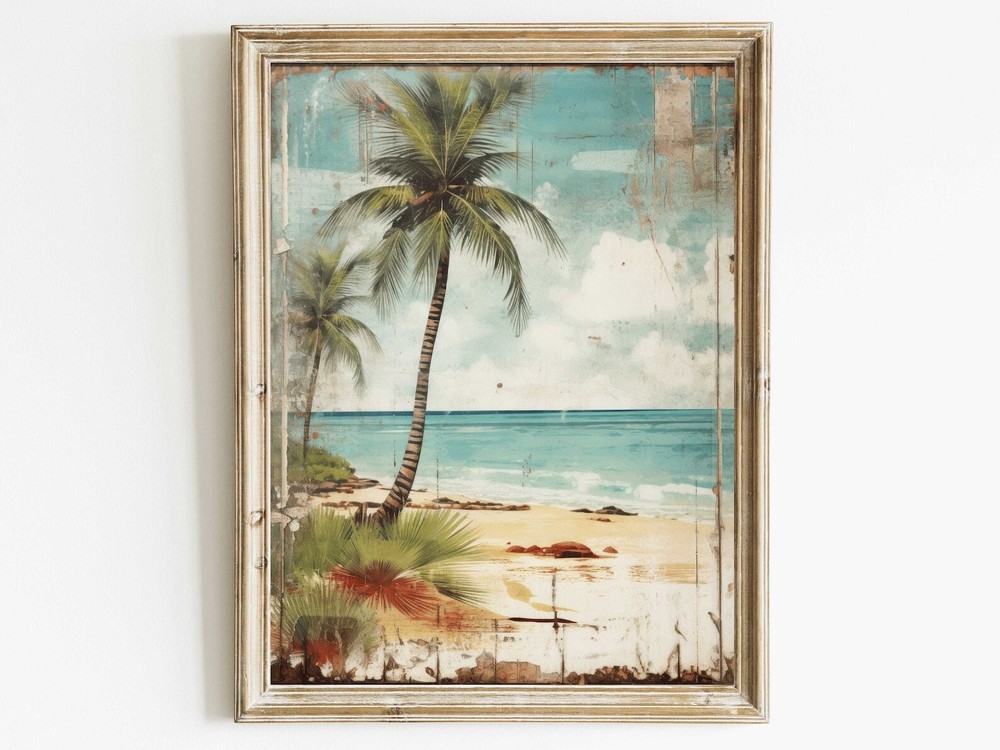 Tropical Beach Print Beach Wall Art Vintage Beach Painting Palm Tree Art Print
