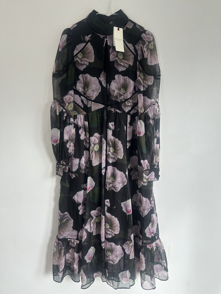 TED BAKER DRESS POHLLEY Chiffon long sleeve Lilac black floral MIDI NEW 6  10