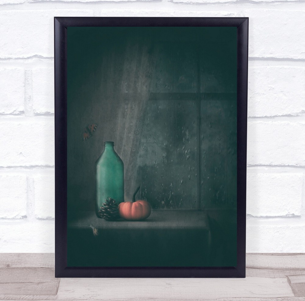 It Must Be October pumpkin and green bottle faded Wall Art Print