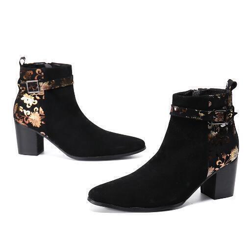 Men's Floral Print Suede Ankle Boots with Zip Block Heel Buckle Casual Outwear