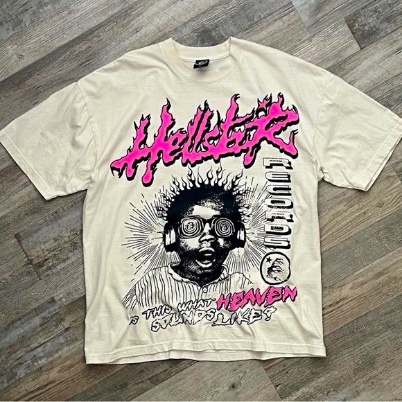 Men's Beige Graphic Hellstar Print T-Shirt Crew Neck Short Sleeve Size M